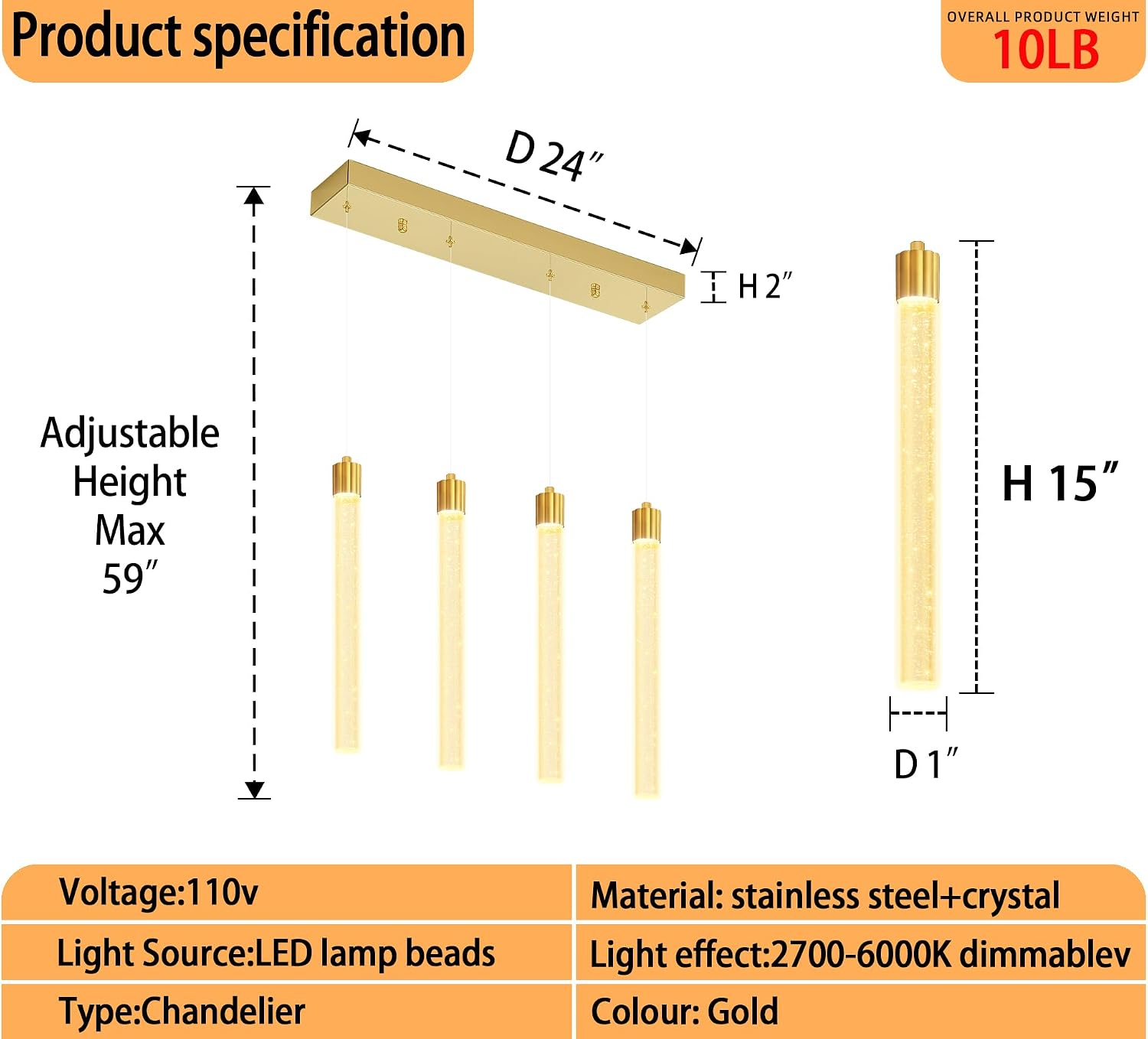Modern Crystal Column Chandelier for Living Room Dining Room 4-Lights Gold Dimmable LED Adjustable Height Hanging Pendant Light for Kitchen Island,Bedroom,Over Table,