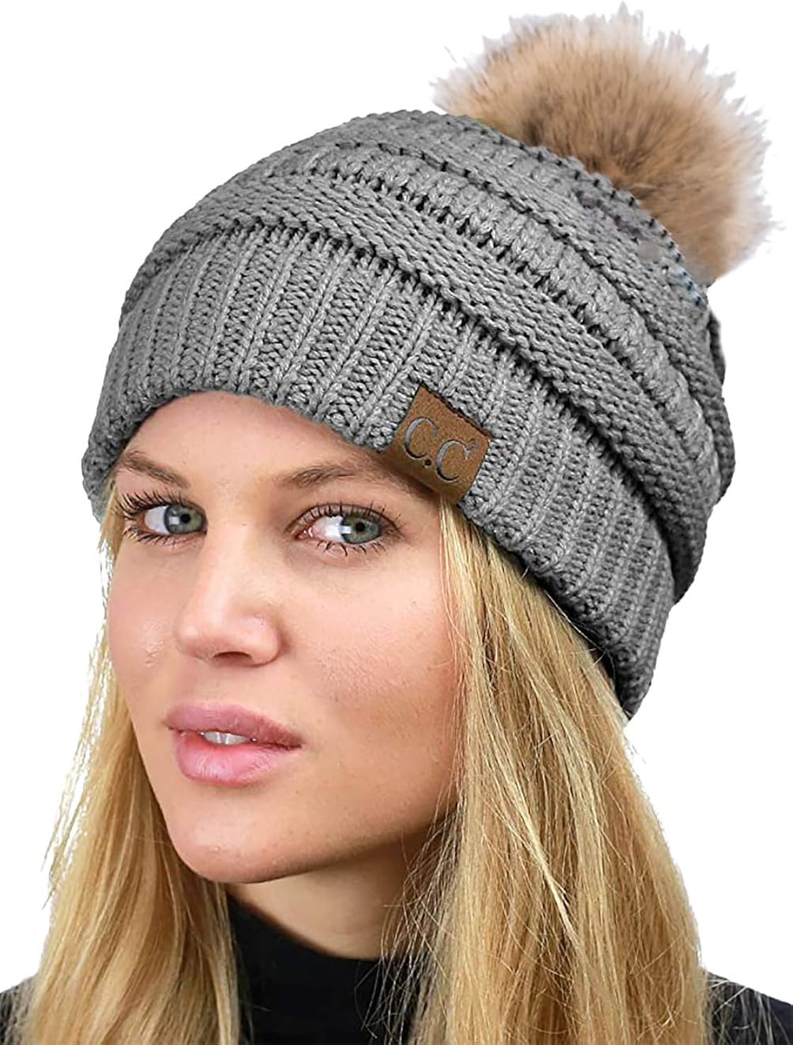 C.C Soft Stretch Cable Knit Ribbed Faux Fur Pom Pom Fuzzy Sherpa Fleece Lined Skull Cap Cuff Beanie Hat, Light Melange Grey at  Women’s Clothing store