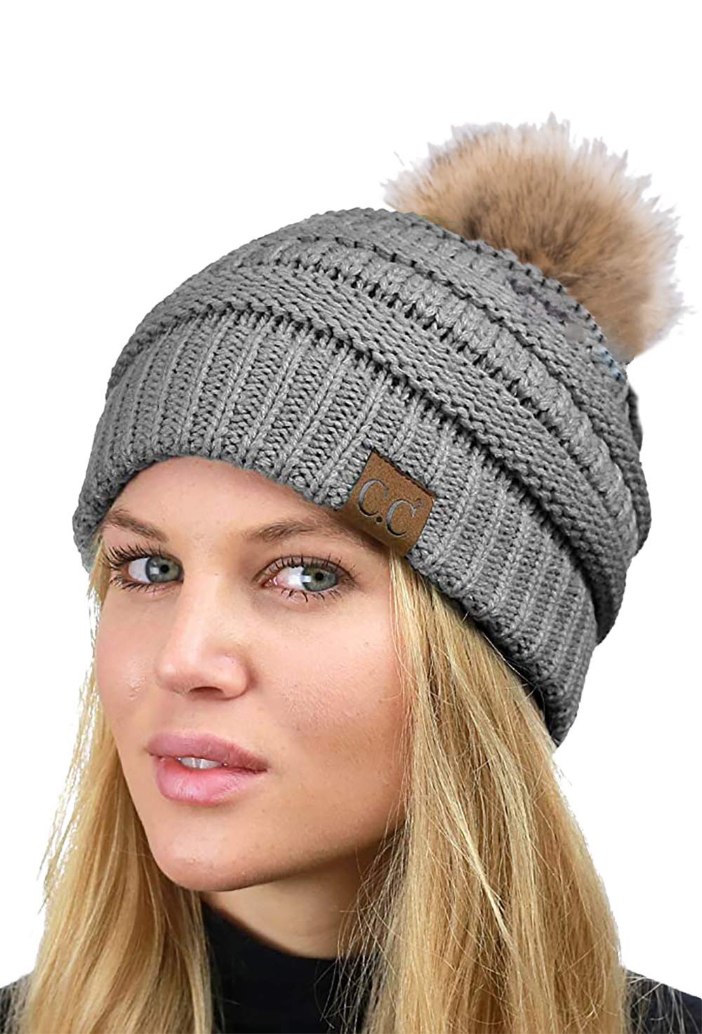 C.C Trendy Fuzzy Fleece Lined Warm Soft Stretch Cable Knit Ribbed Faux Fur Pom Skull Cap Cuff Beanie Hat