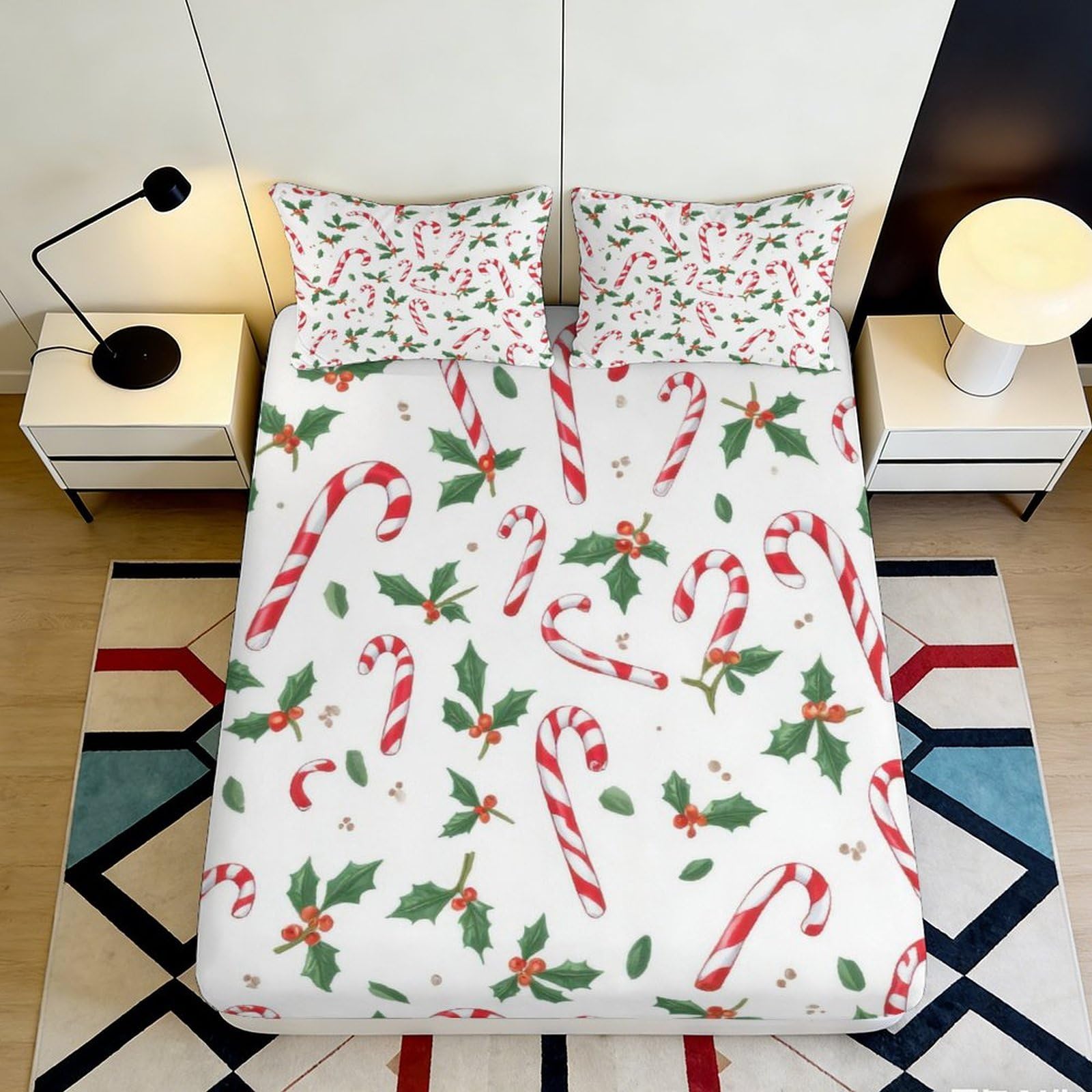 3D Printed Candy Cane Holly Fitted Sheet Microfiber Soft Breathable Christmas Bed Sheet for Bedroom Guest Room Decor 90x200x25cm