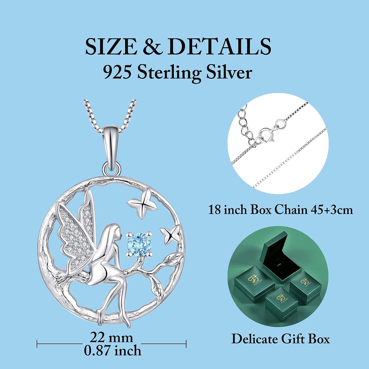 FJ Guardian Angel Necklace 925 Sterling Silver Tree of Life Pendant Fairy Necklace Aquamarine March Birthstone Jewellery for Women - Image 5
