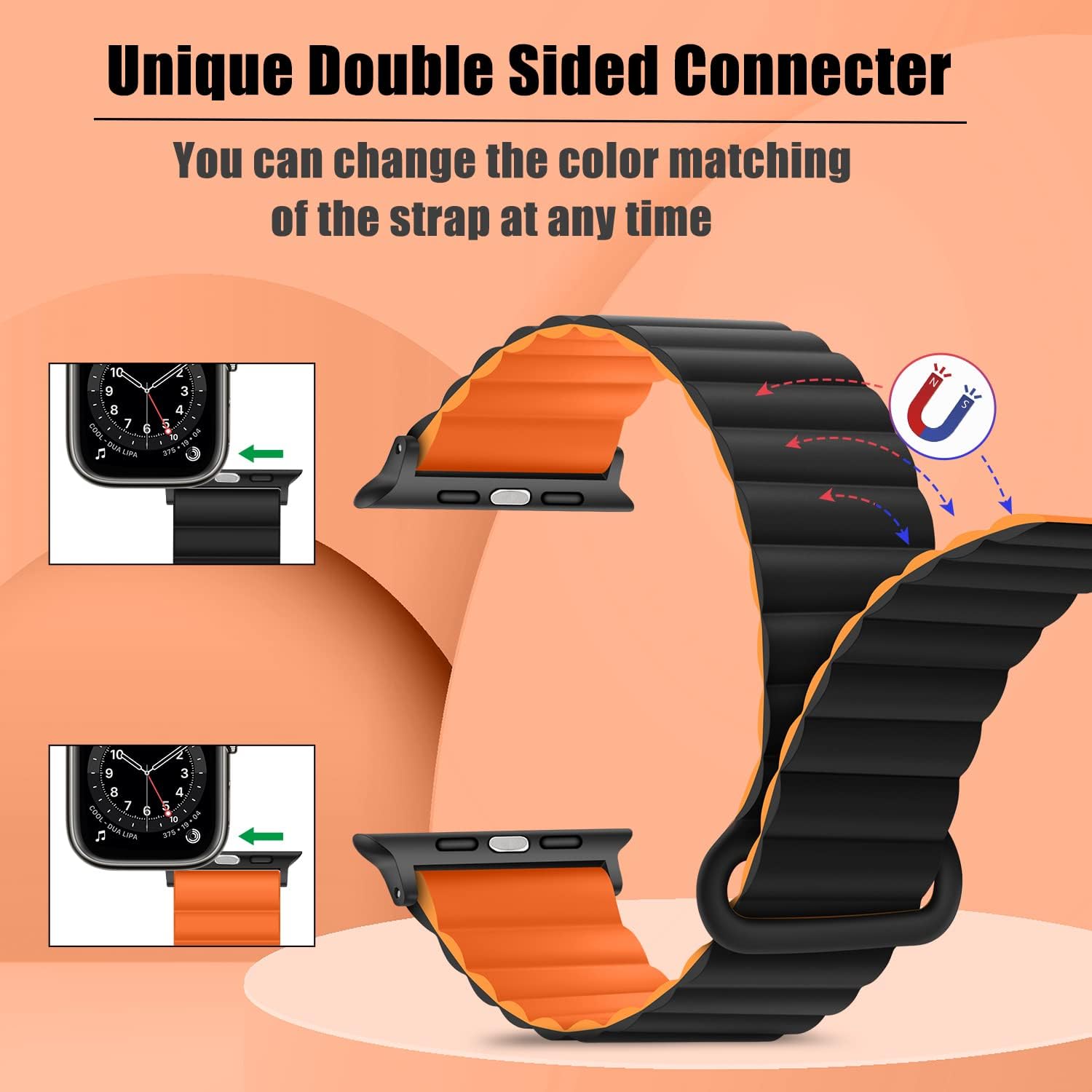 HITZEE Compatible with Apple Watch Band 49/46/45/44/42/41/40/38mm, Double Sided Silicone Magnetic Band Compatible for iWatch Ultra 3/2/1 Series 11 10 9 8 7 SE3 6 5-1 (38/40/41/42mm, Black Orange) - Image 3