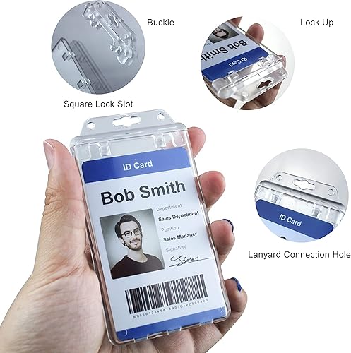 Bestom Portatarjetas de identificación de plástico duro para insignias con bloqueo permanente, resistente estilo vertical, seguro, de doble cara,