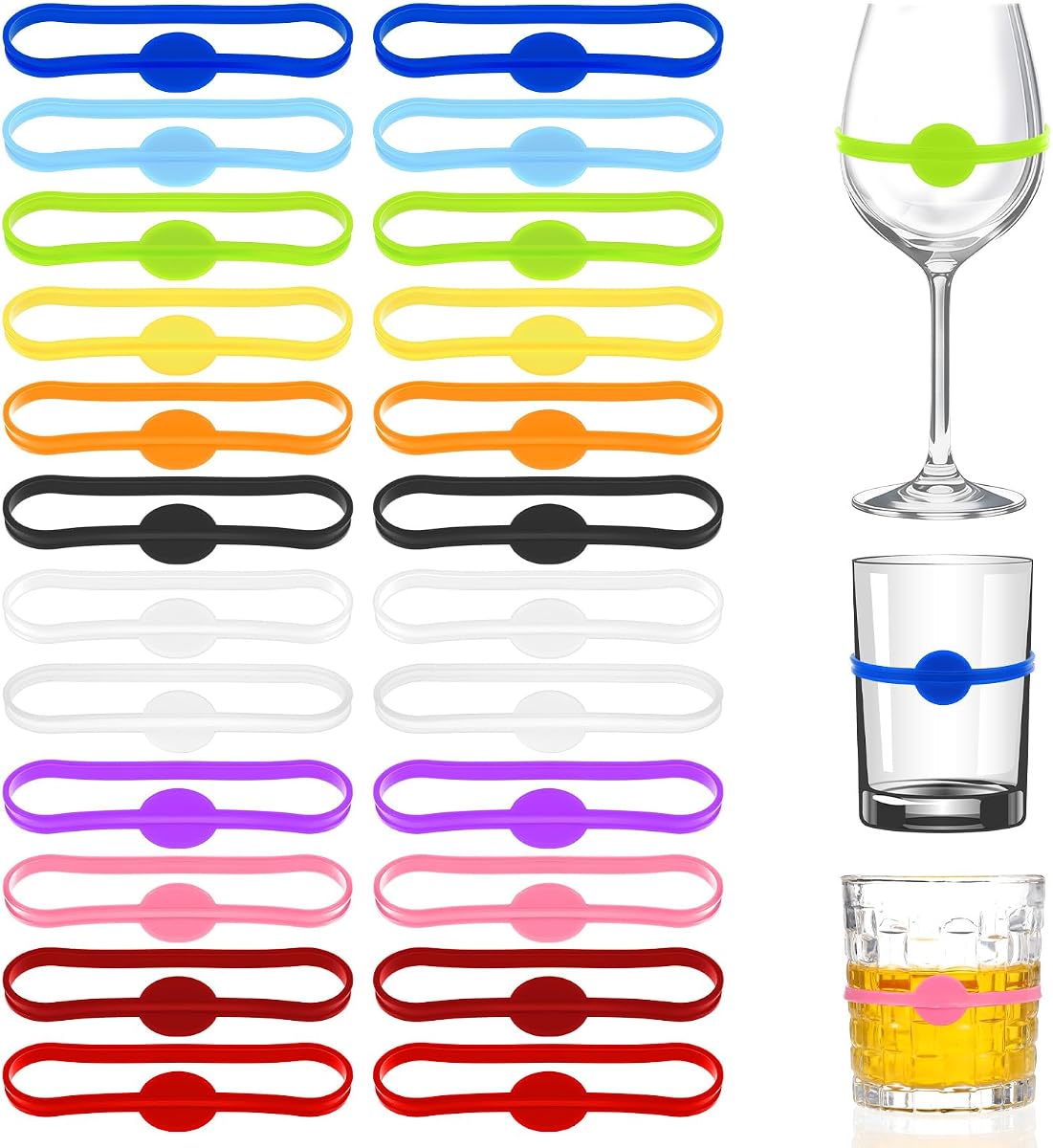 24 marcadores de tazas para bebidas, marcadores de bebidas de silicona con etiqueta en tira | Marcadores de bebidas de silicona para copas de vidrio, botellas de copa de vino, etiquetas, marcadores de bebidas multicolores para identificación de invitados