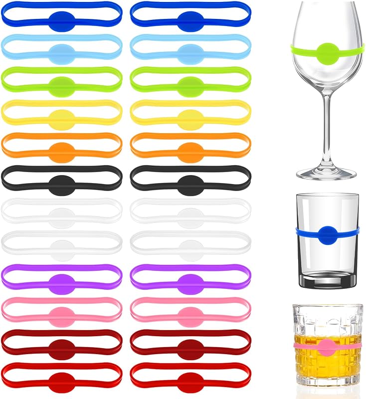 24 marcadores de tazas para bebidas, marcadores de bebidas de silicona con etiqueta en tira | Marcadores de bebidas de silicona para copas de vidrio, botellas de copa de vino, etiquetas, marcadores de bebidas multicolores para identificación de invitados