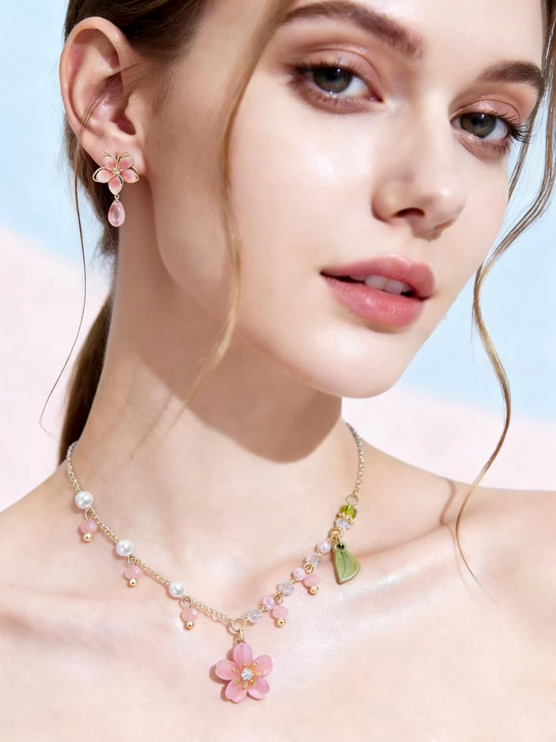 Cherry Blossoms Stud Earring for Women, Cute Cherry Pink Flower Earrings Rose Gold Plated Birth Month Flower Drop Dangling Jewelry for Women - Image 2