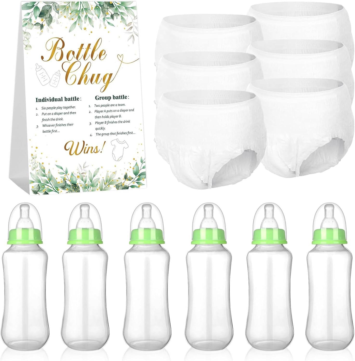 6 Sets Bottle Chug Greenery Baby Shower Game Baby Shower Favor Funny Plastic Bottles Disposable Diapers Boho Green Eucalyptus Themed Sign for Gender Reveal Games Changing Diaper Race Game Decoration
