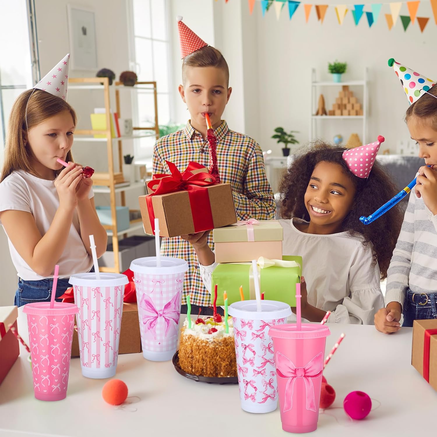 Skylety 24 Pcs 24 oz Pink Bow Tumbler Cups with Straw and Lid Coquette Bow Themed Party Favors 8 Design Reusable Preppy Plastic Travel Cup Gift Birthday Bridal Shower Supplies Decorations - Image 6