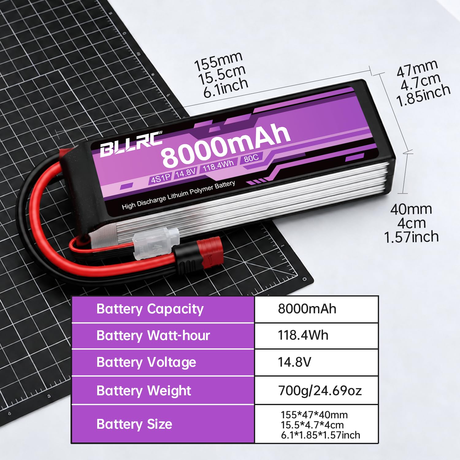 Batteria al litio 4S da 14.8V, 80C, 8000mAh con connettore a T, adatta per auto RC, camion, veicoli fuoristrada, quadricotteri, droni per fotografia aerea, aeroplani RC ed elicotteri RC