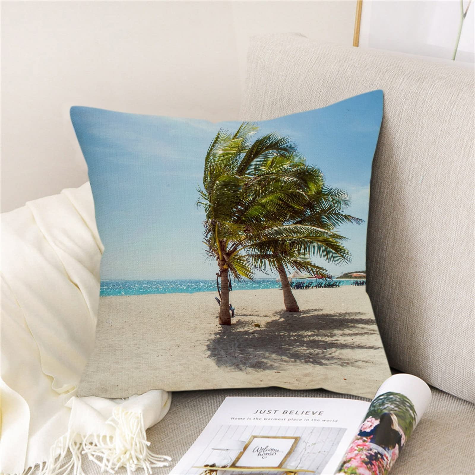 4 fundas de almohada de 50 x 50 cm, fundas de cojín decorativas azul, verde, beige, playa, árbol de coco y lino, funda de cojín decorativa para salón, dormitorio
