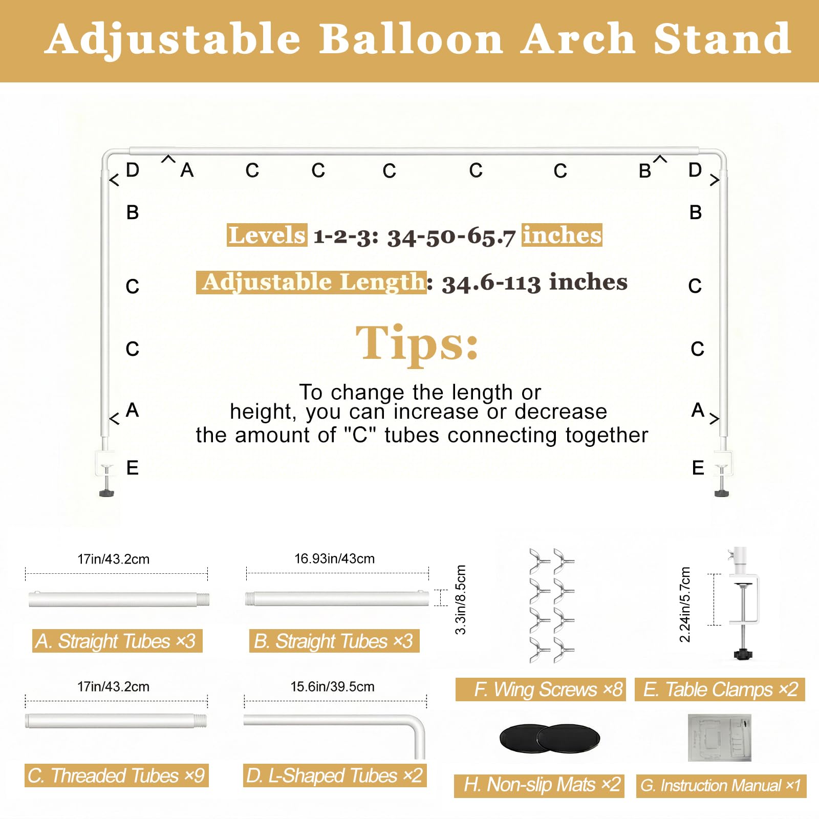 Lewondr Soporte Ajustable sobre la Mesa con Abrazaderas, Altura 87-127-167 CM, Longitud 88-287 CM, Soporte Arco de Globos de Mesa para Bodas y Cumpleaños, Blanca Decoración Colgante para Mesa