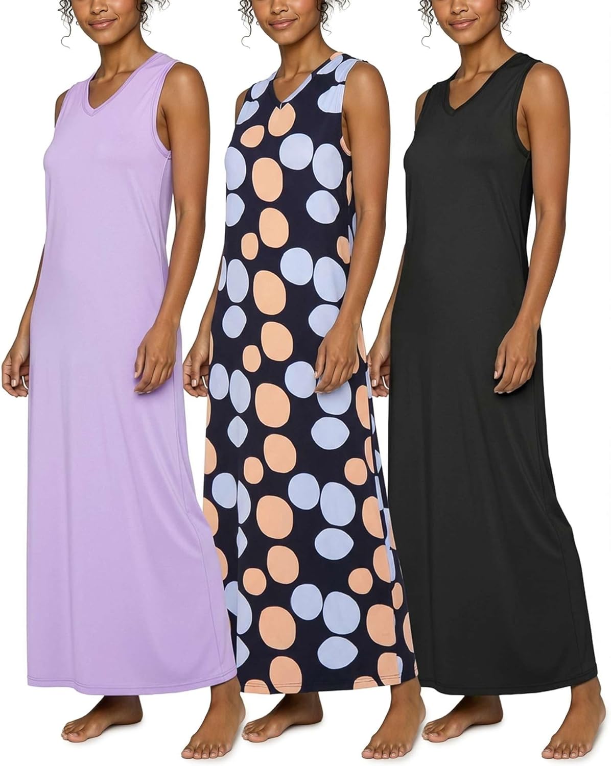 Real Essentials 3 Pack: Women's Soft Tank Nightgown Sleeveless Nightshirt Sleep Dress (Available In Plus Size)