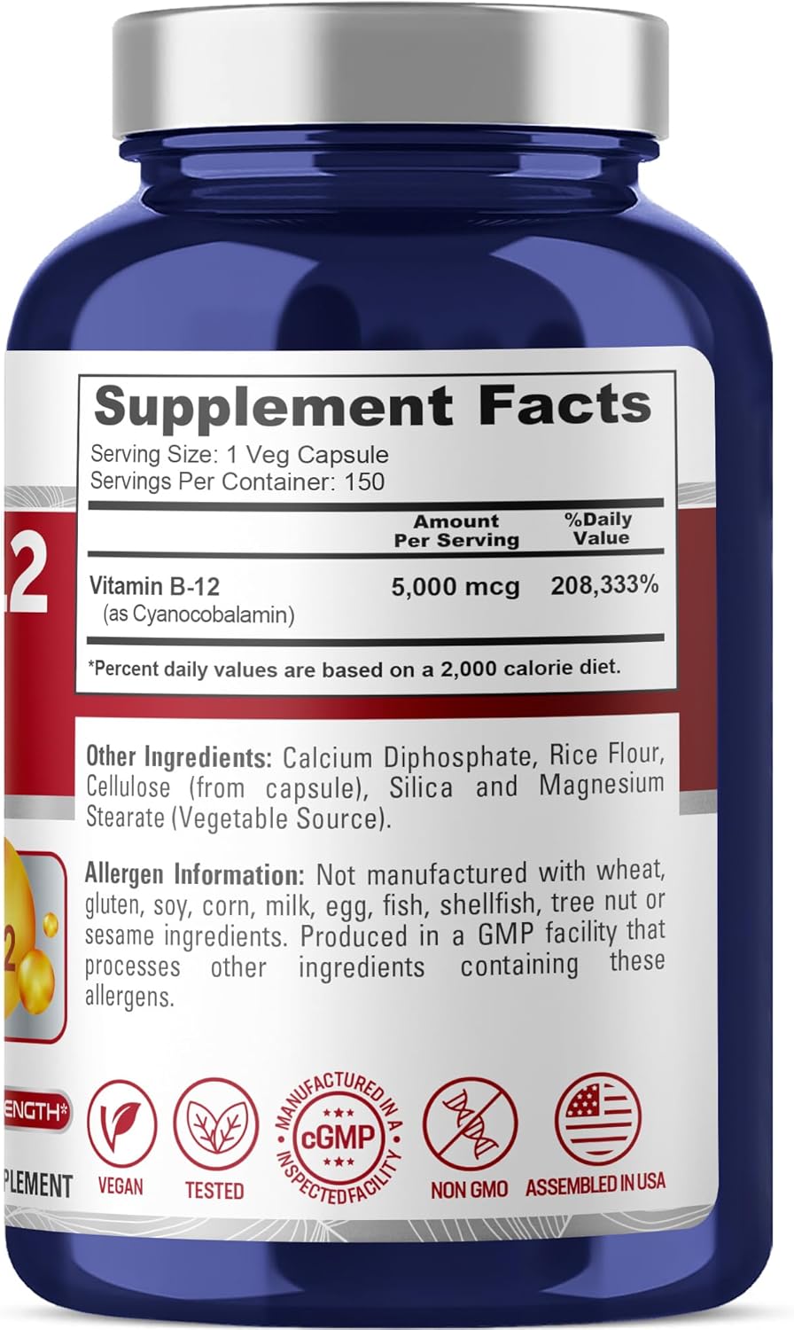 NusaPure Vitamin B12-5000 MCG 150 Veggie Capsules (Non-GMO, Vegan) - Max Strength Vitamin B12