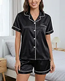 Conjunto de pijama feminino de cetim com botões e manga comprida
