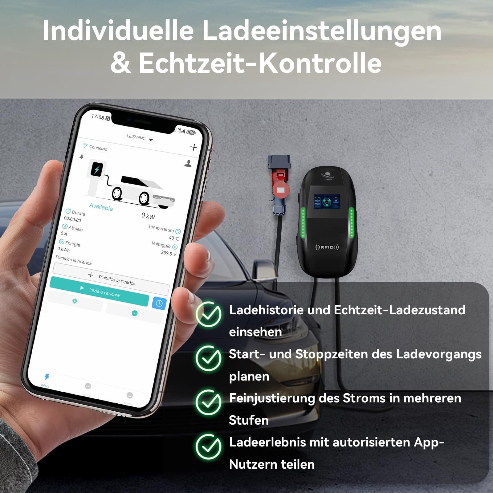 Wallbox - Stazione di ricarica da 11 kW con RFID, display LCD, controllo app, cavo di ricarica di tipo 2, spina CEE, stazione di ricarica intelligente EV per veicoli elettrici