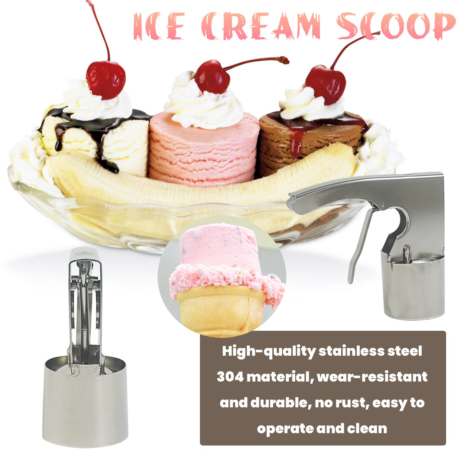 Cuchara cilíndrica de helado de 1/2 piezas, 5.32 x 5.71 pulgadas, para sándwiches, cuchara de helado de acero inoxidable 304 Old Time con liberación de gatillo (1 unidad)