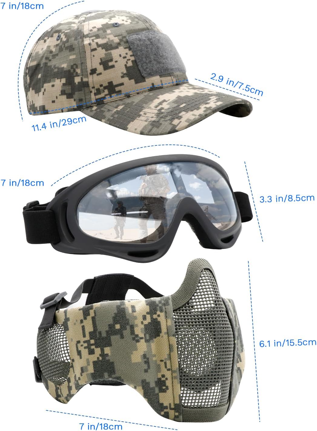 Airsoft Mask with Goggles, Foldable Half Face Airsoft Mesh Mask with Ear Protection for Paintball Shooting Cosplay CS Game