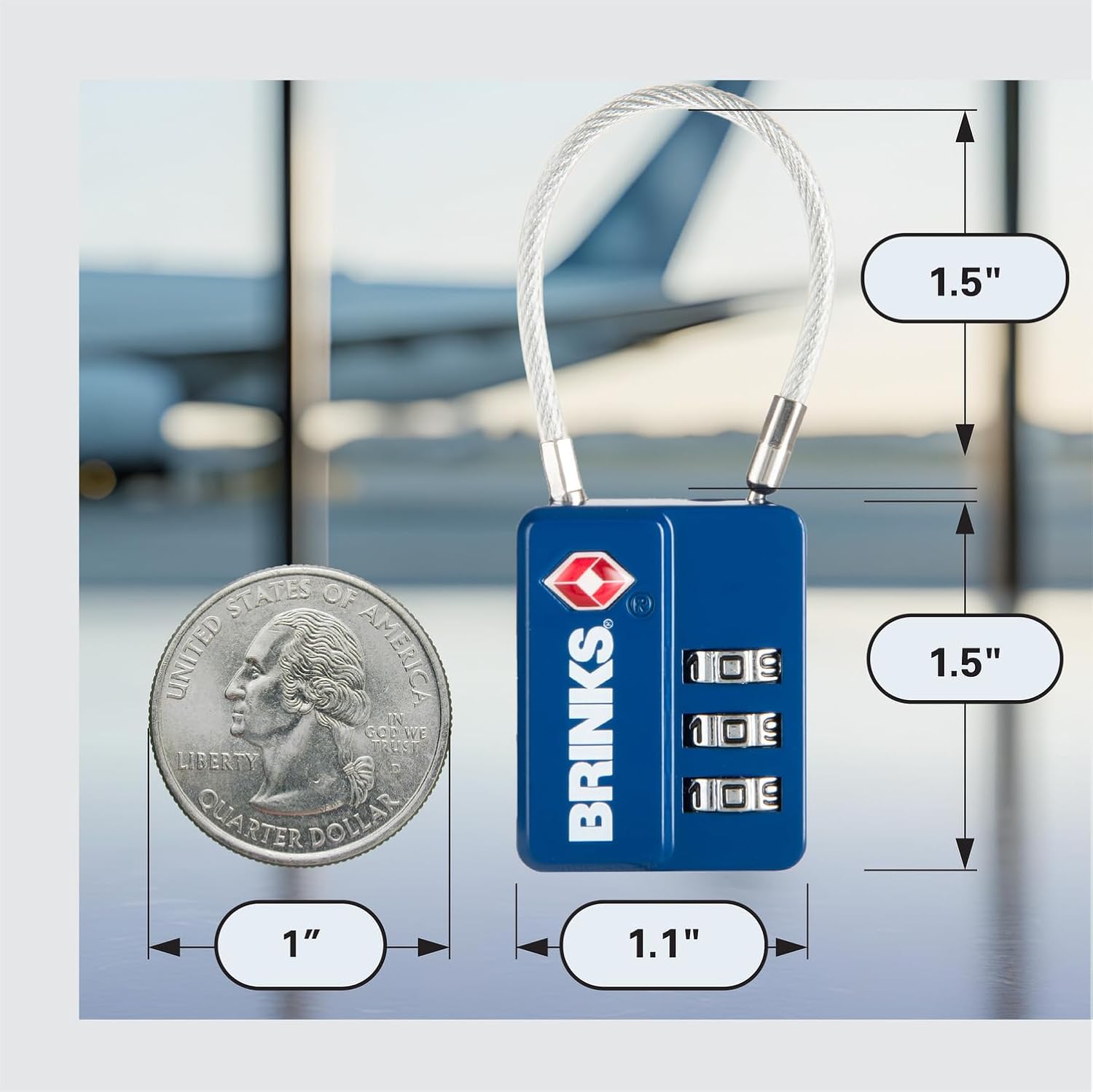 BRINKS TSA Lock with dimensions compared to a quarter coin