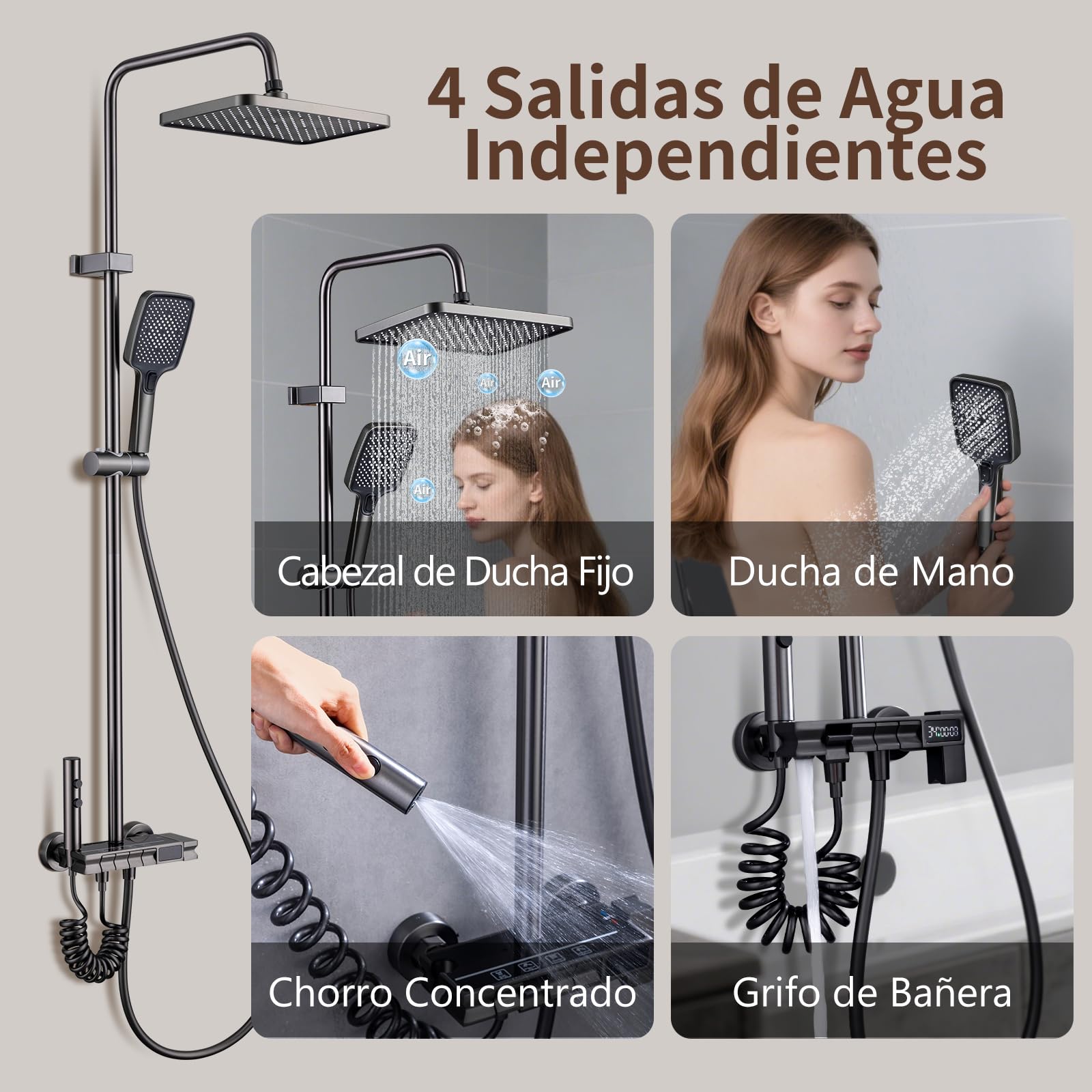 Columna Ducha con Grifo, Ducha de Bano Columna con Pantalla Digital LED - Cabezal Cuadrado, Altura Ajustable Ducha de Mano, Grifo para Bañera y Rociador Auxiliar - Baño de Lujo y Confort