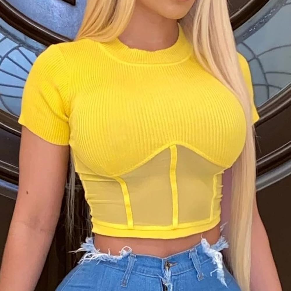 Women's Short Sleeve Ribbed Corset Crop Tee Top Sexy Sheer