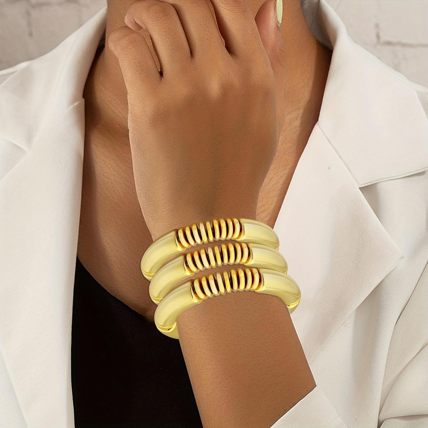FUNOJOY 3PCS Gold Chunky Bangles Bracelets for Women Gold Plated Stackable Adjustable Bracelet Stretch Curved Bamboo Tube Bracelets for Women as Jewelry Gift - Image 3