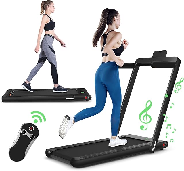 GYMAX Folding Treadmill, 2-in-1 Motorized Treadmills with Adjustable Speed, Bluetooth Build-in Speakers and LED Display, Running & Walking Machine