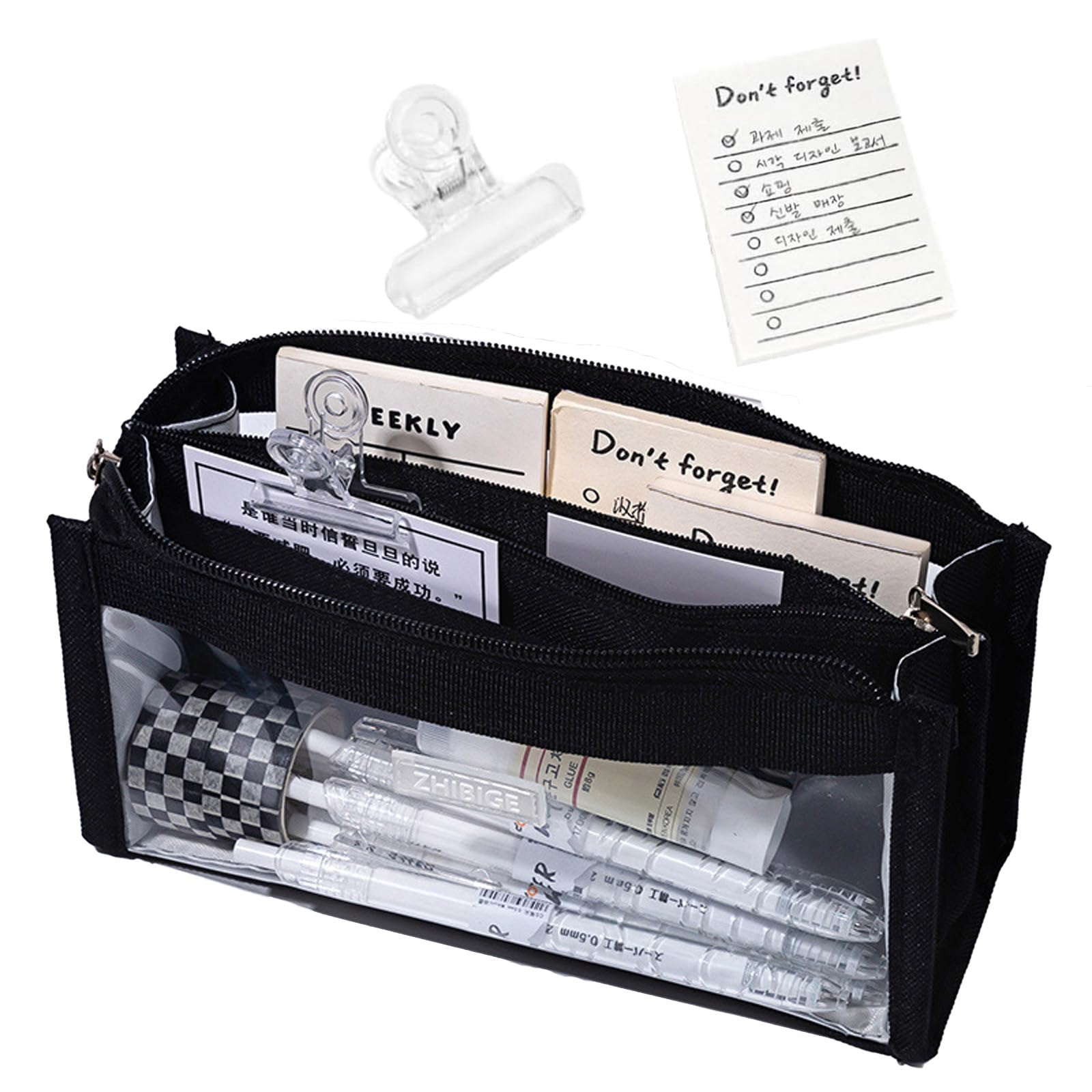 GGOOB Clear Pencil Pouch Aesthetic School Supplies Large Cute Pencil Case for Girls Preppy Pencil Case Aesthetic (Black-6 Layers,with Clip & Sticky Note) SSS230517