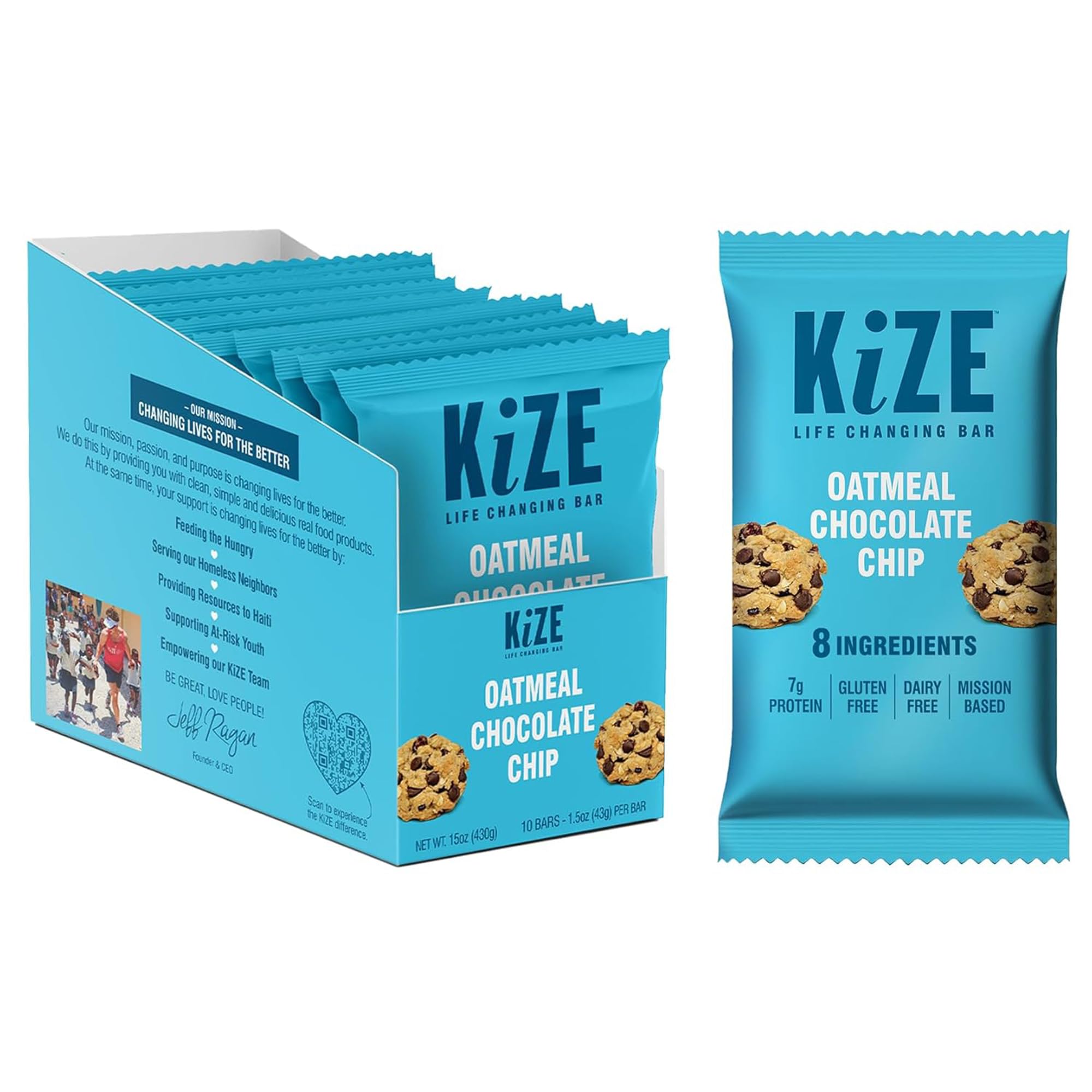 KiZE Energy Bars - Oatmeal Chocolate Chip - Gluten Free, Dairy Free, Non-GMO, and High Protein Meal Replacement Energy Bars, Clean and Simple Food Ingredients - 7g High Protein Snacks, (10 Count)