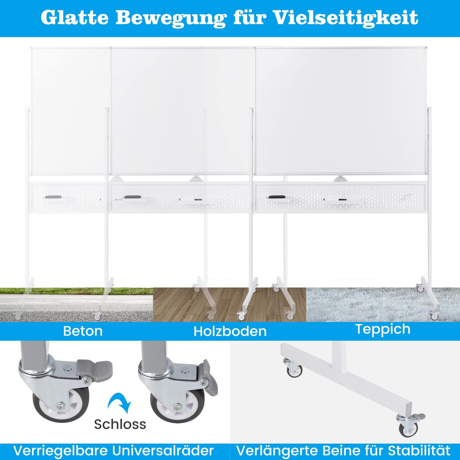 COSTWAY Doppelseitiges mobiles Whiteboard, 120 x 90 cm, Trocken abwischbares magnetisches Whiteboard mit Stecktafel, Rollen und Ständer, inkl. Zubehör für Büro, Zuhause, Weiß