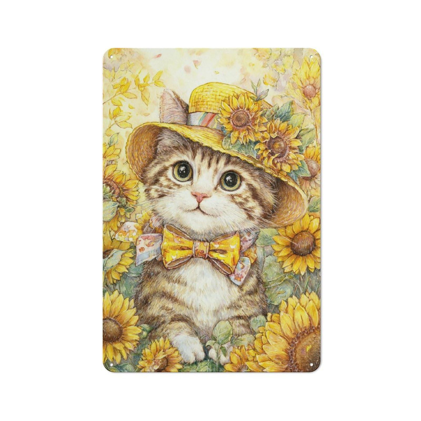 Junmoney Sunflower Cat Charm Rustic Tin Sign 30X20cm For Pub Or Café, For Collectors Building A Themed Wall Display