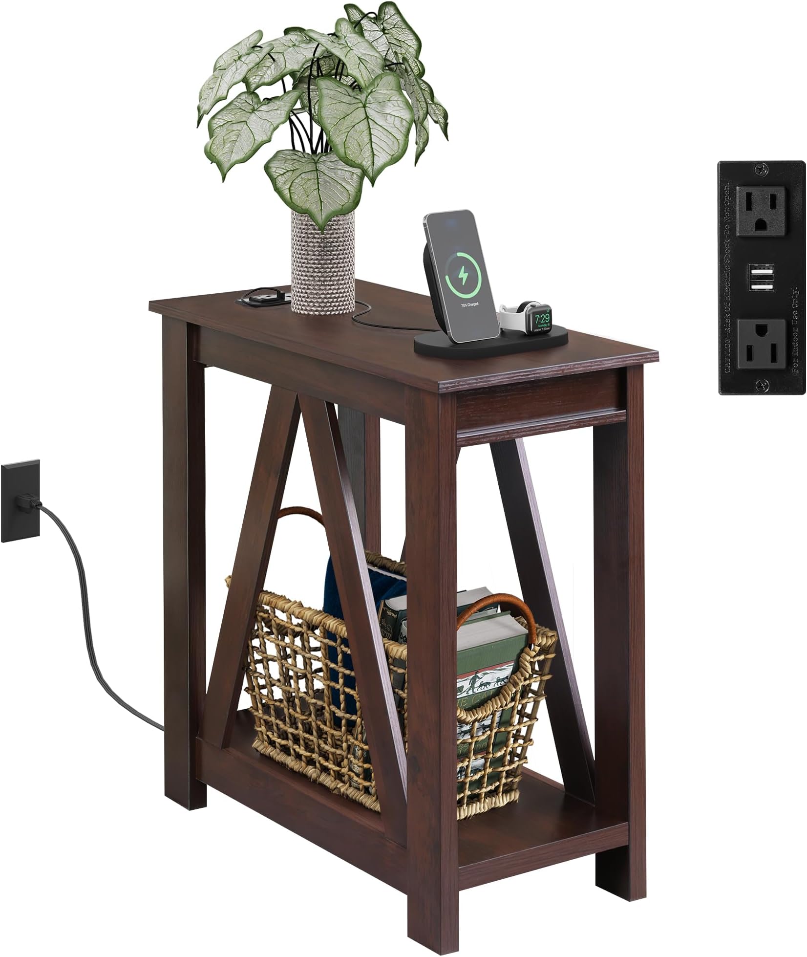 Narrow End Table with Charging Station of Open Storage Shelf๏ผSofa Side Table with 2 USB Ports and 2 Power Outlets๏ผSlim Farmhouse End Table for Small Spaces, 11.8" D x 23.6" W x 23.74" H