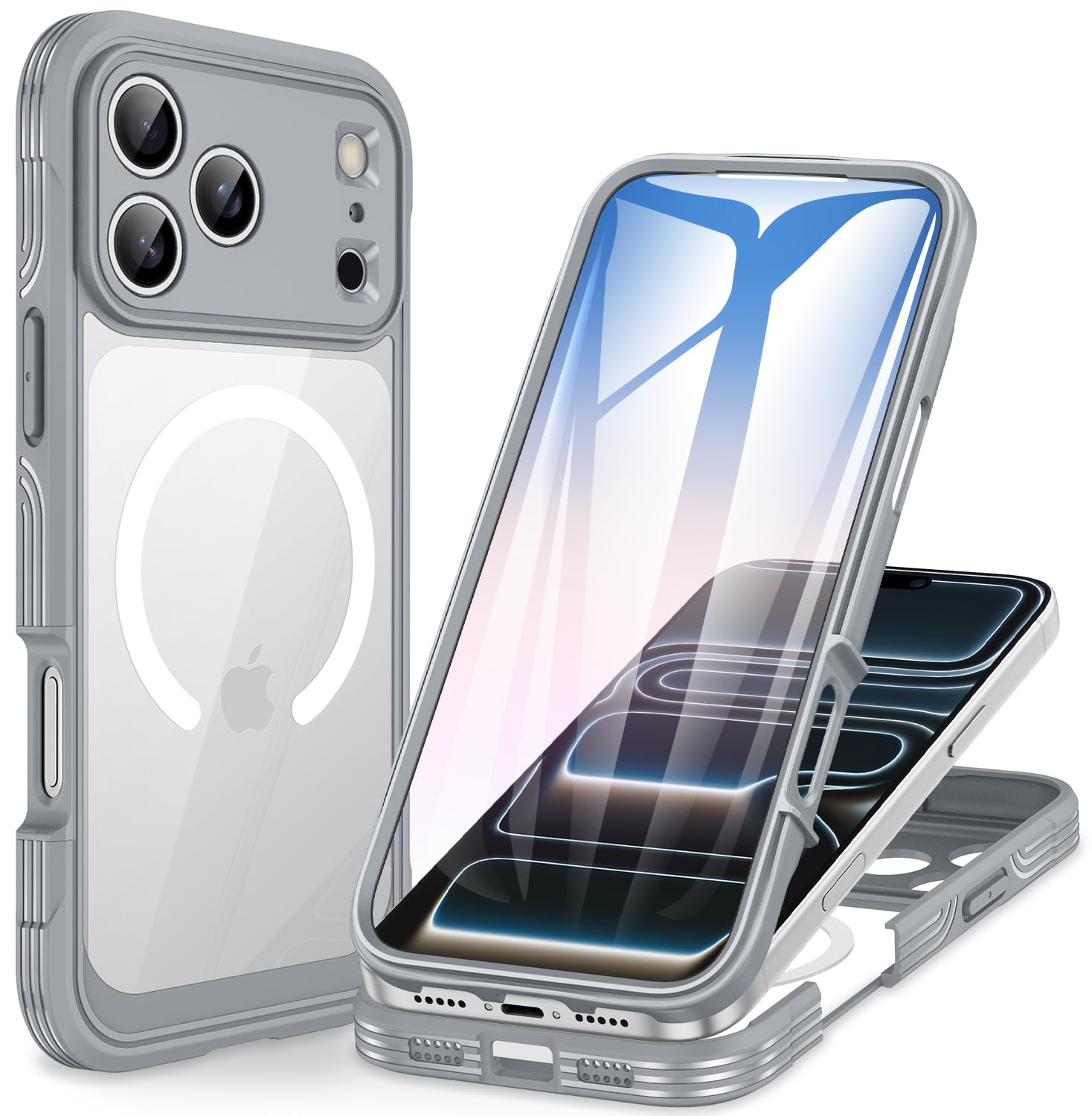 CENHUFO Magnetica Cover iPhone 17 Pro [Compatibile con Magsafe] Integrata 9H Vetro Temperato Schermo e Protezione Fotocamera, Custodia Antiurto 360 Gradi Fronte Retro Guscio Doppia Faccia Case -Grigio