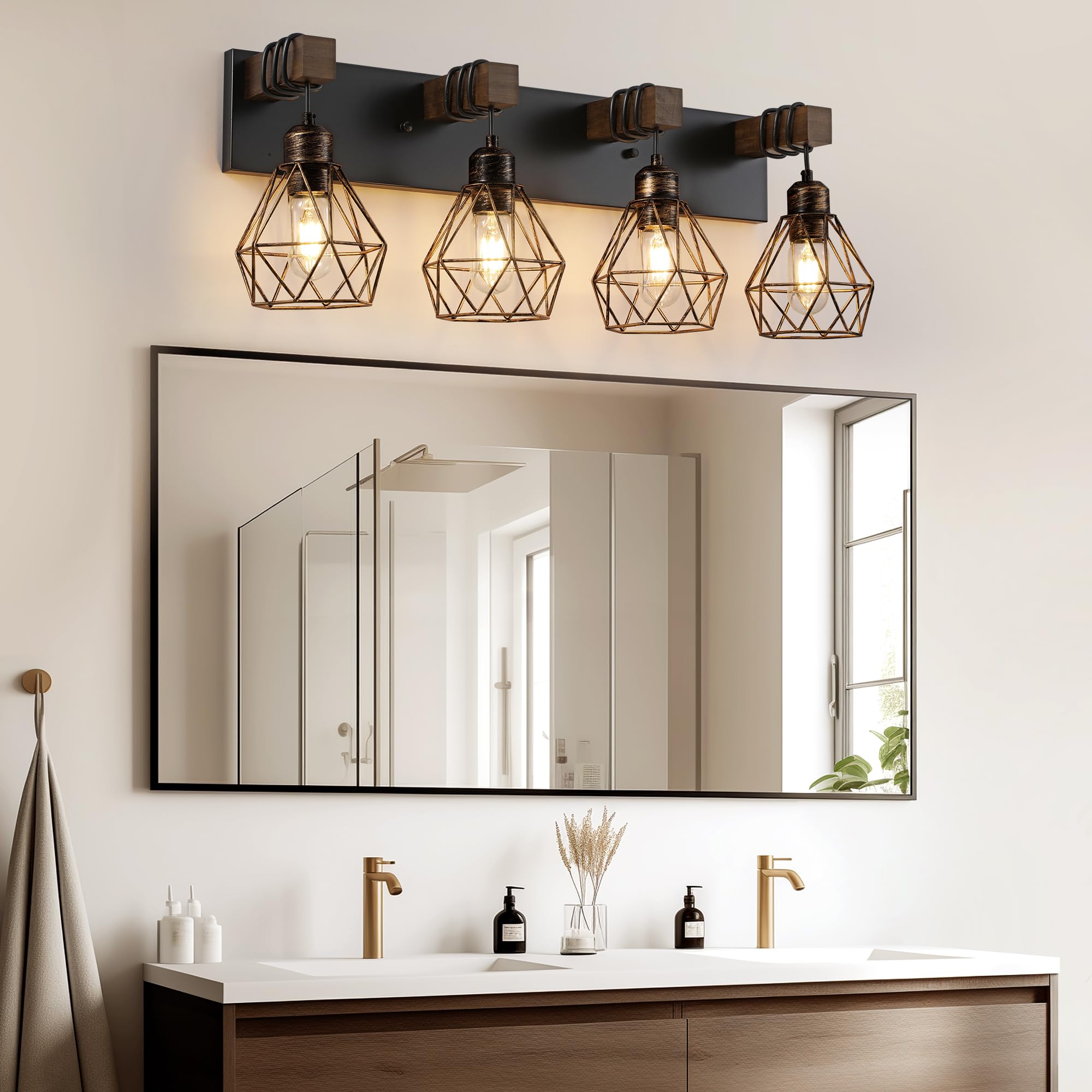 Farmhouse Badezimmer-Beleuchtung, 4 Leuchten für Badezimmer über Spiegel, rustikale schwarz-goldene Holz-Kosmetikleuchten mit Metallschirm für Wohnzimmer