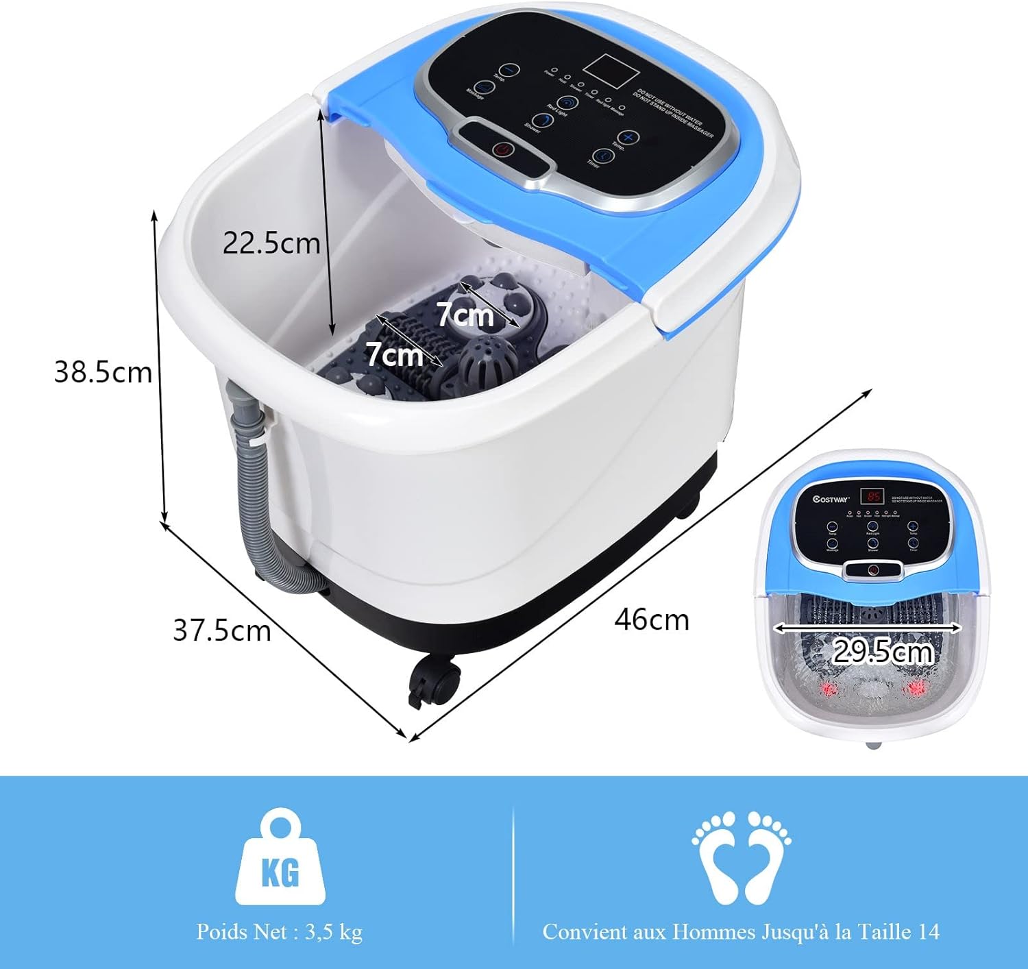 Diagram showing the dimensions of the RELAX4LIFE Foot Spa Massager: 46cm length, 37.5cm width, 38.5cm height, with a net weight of 3.5kg and suitable for feet up to size 14.