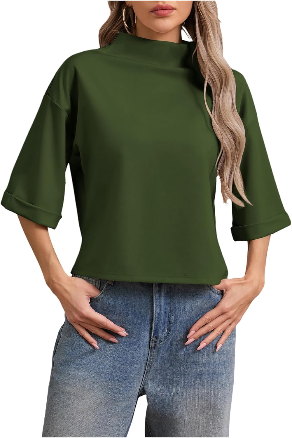 SweatyRocks Women's 3/4 Sleeve Mock Neck Basic Loose T-Shirt Elegant Top - Image 2