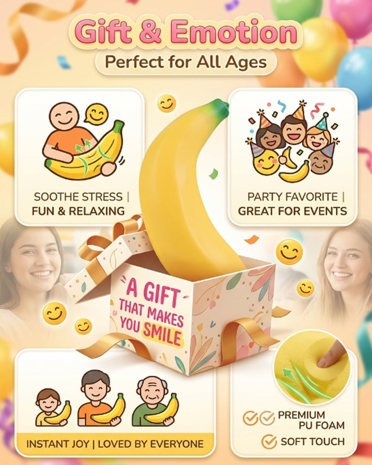 Banana Squishy Giant Big Jumbo Toy Stress Fidget Stretchy Ball Toys Rubber Soft PU Foam Party Favors Fake Fruit Bananas Mini Inflatable Positive Balls for Students and Professionals(2*17in)