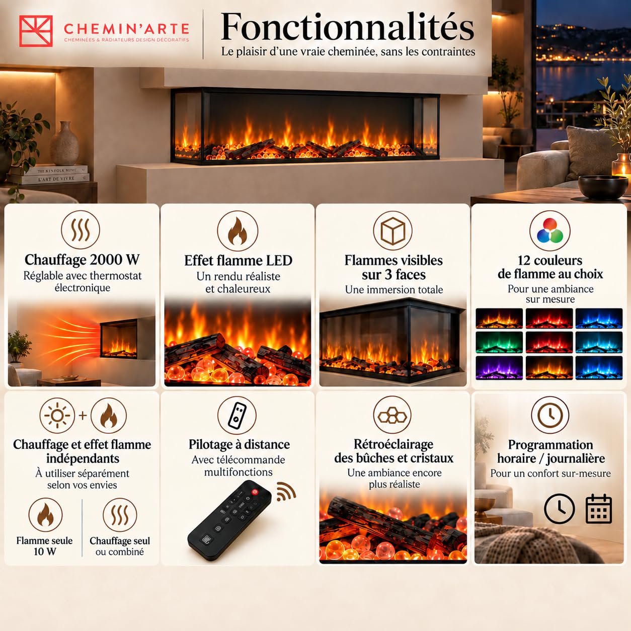 Chemin’Arte Cheminée Électrique Encastrable Effet Flammes LEDs 3D 150 cm, 3 Faces - Conçue en France - Chauffage 2000W - Télécommande - Garantie 2 Ans