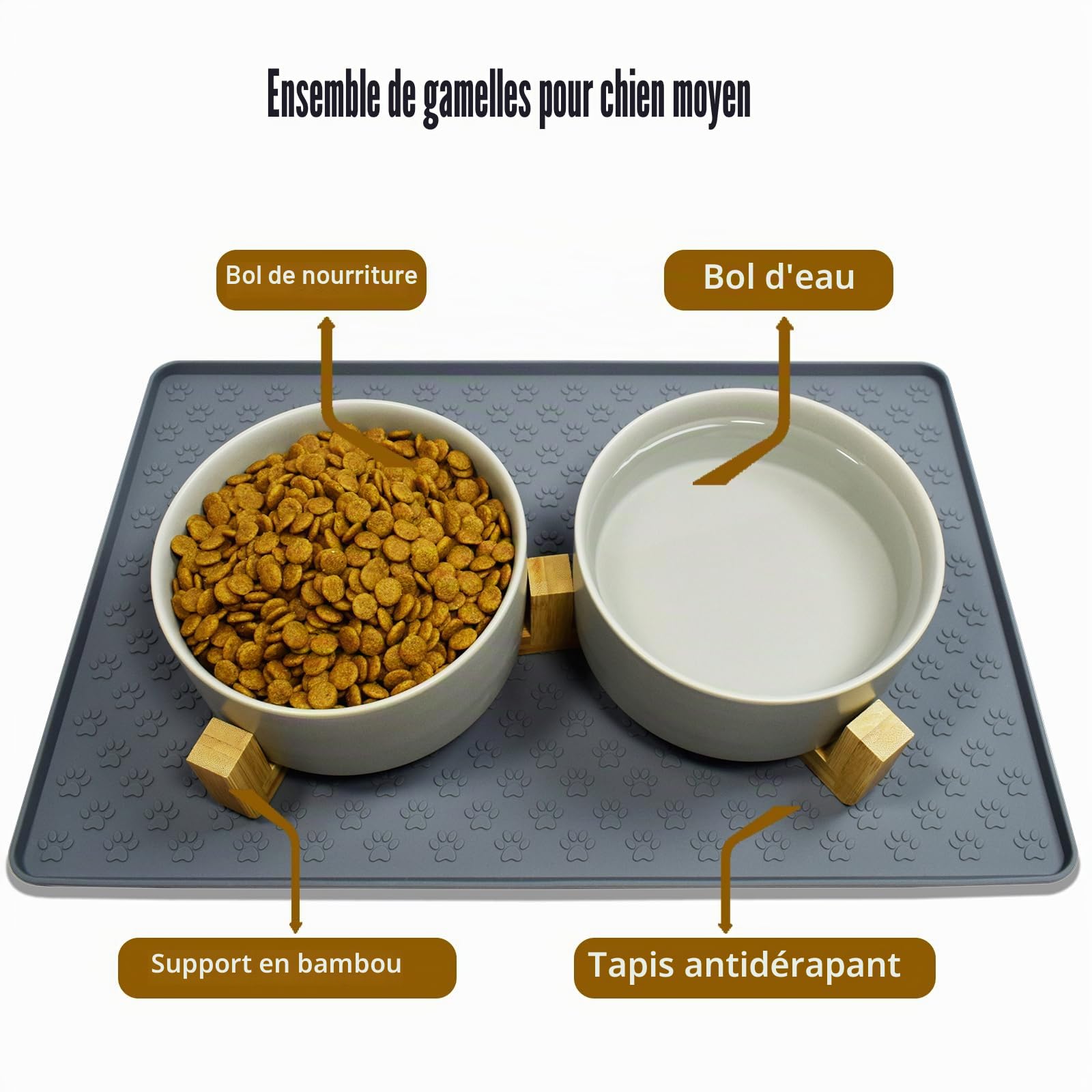 Gamelle Chien Ceramique avec Support en Bambou et Tapis Antidérapant pour Chiens de Taille Moyenne(850ml, 2Gris)