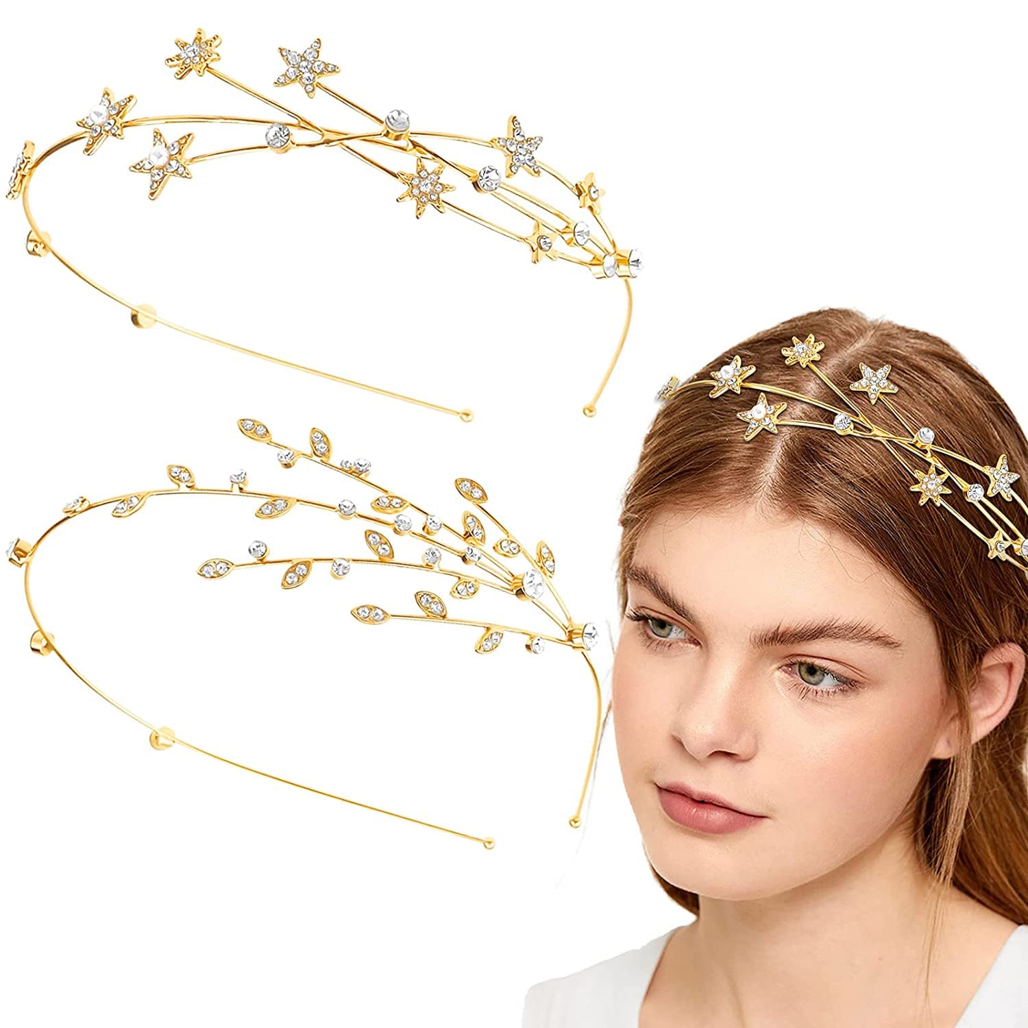 DonLeeving 2 Pcs Gold Rhinestone Alloy Five-pointed Star Headbands