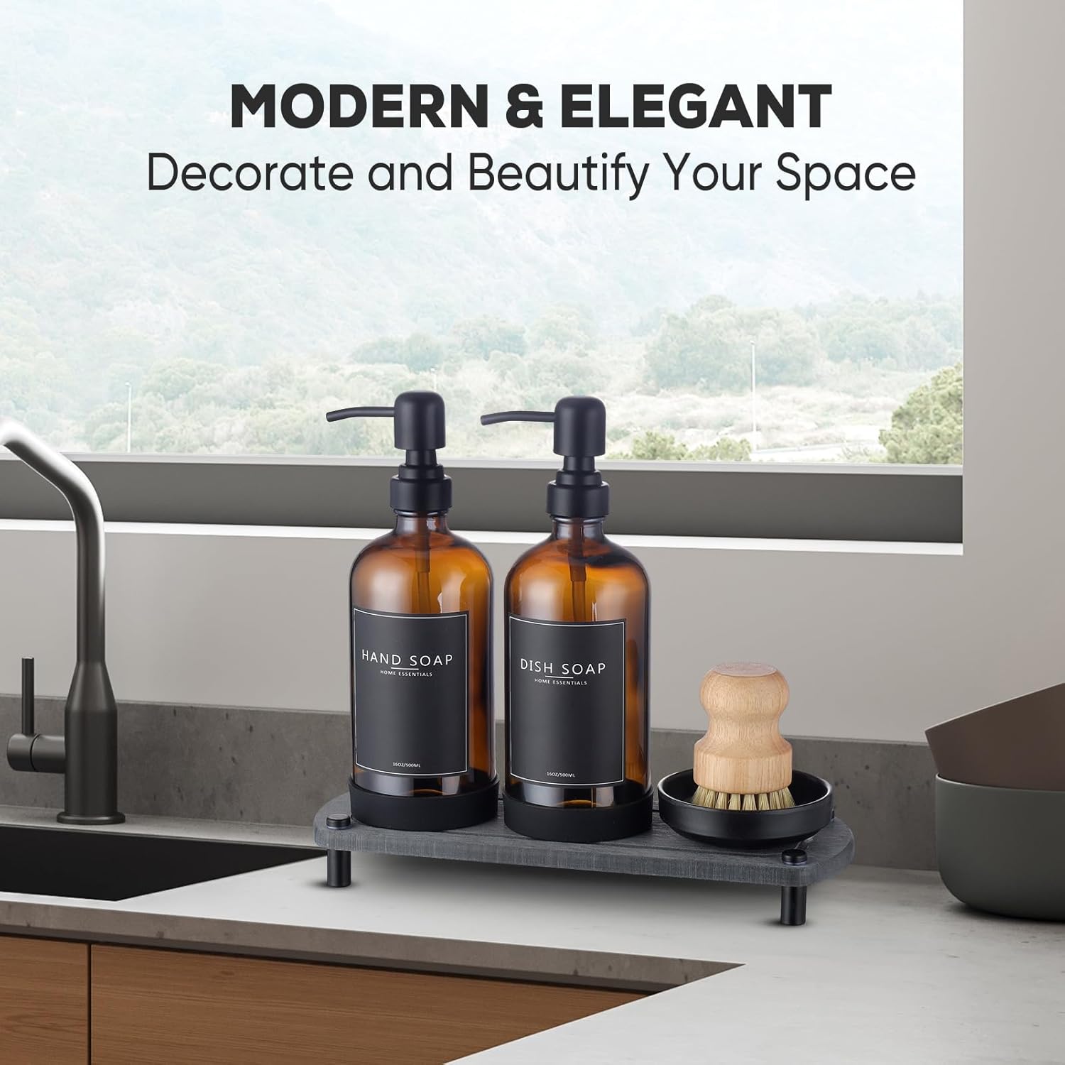 Kitchen Soap Dispenser Set with Instant Dry Tray,16 Oz Hand and Dish Soap Amber Glass Dispenser Set,Stainless Steel Pump,Waterproof Labels&Dish Brush,Luxury Soap Bottle for Kitchen,Bathroom thumbnail