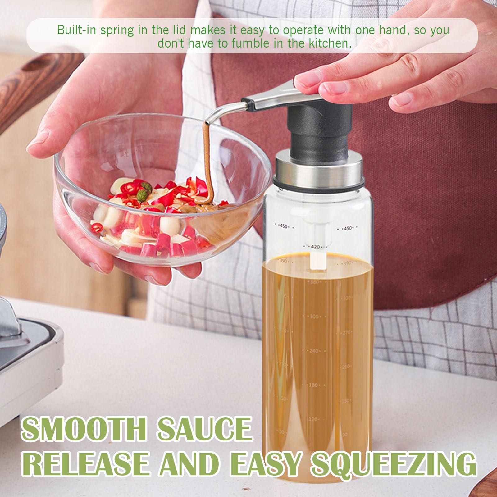 Dispensador de bomba de salsa, dispensador de jarabe de café, cristal de miel, botella de cristal de 500 ml con bombas de acero inoxidable, dispensador de jarabe de café, a prueba de fugas, bombas de