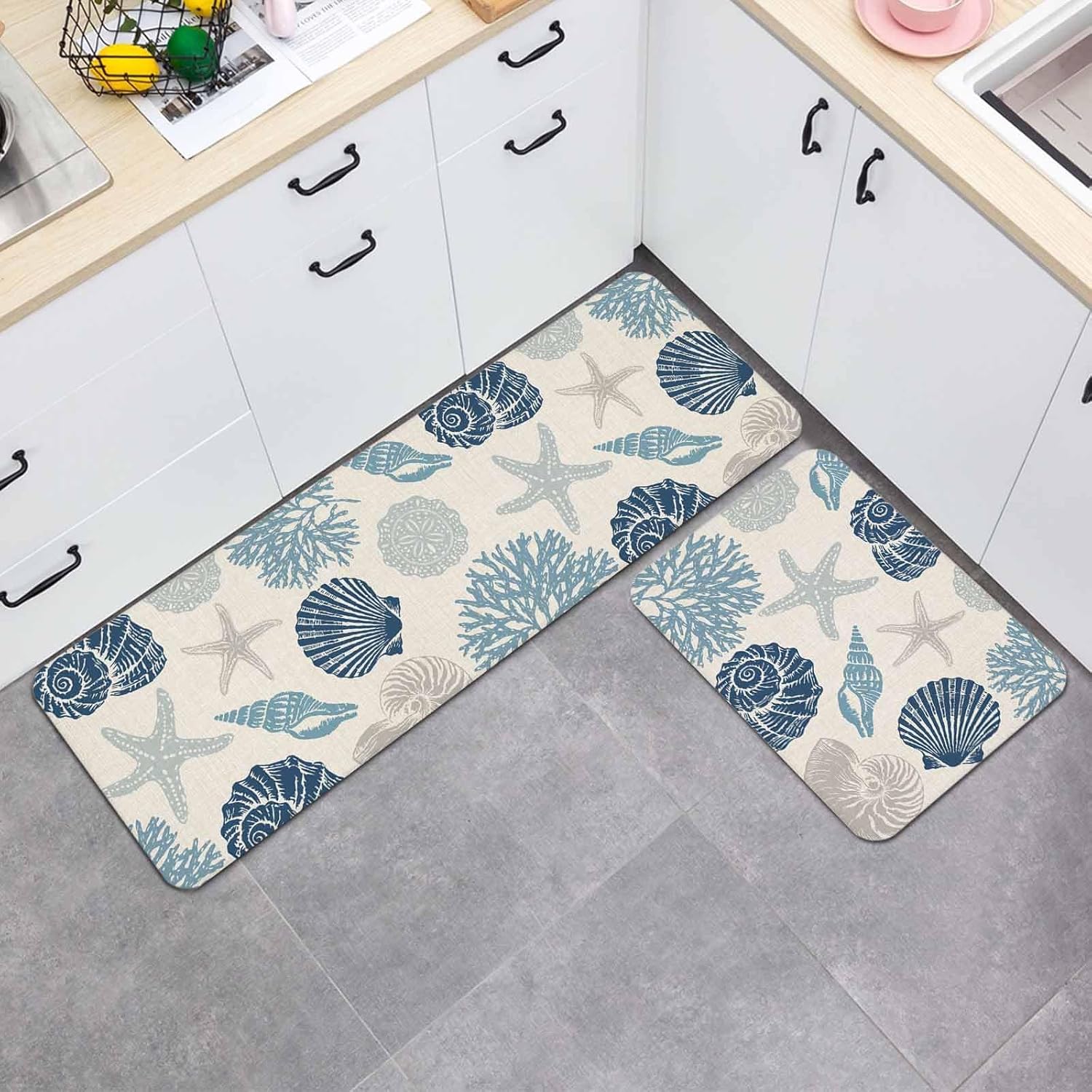 Summer Marine Life Kitchen Mats Set of 2 Graffiti Coral Shell Conch Sea Blue Starfish Linen Non Slip Mat Washable Floor Rug for Kitchen Sink Floor Laundry, 19.7"x31.5"+19.7"x47.2"