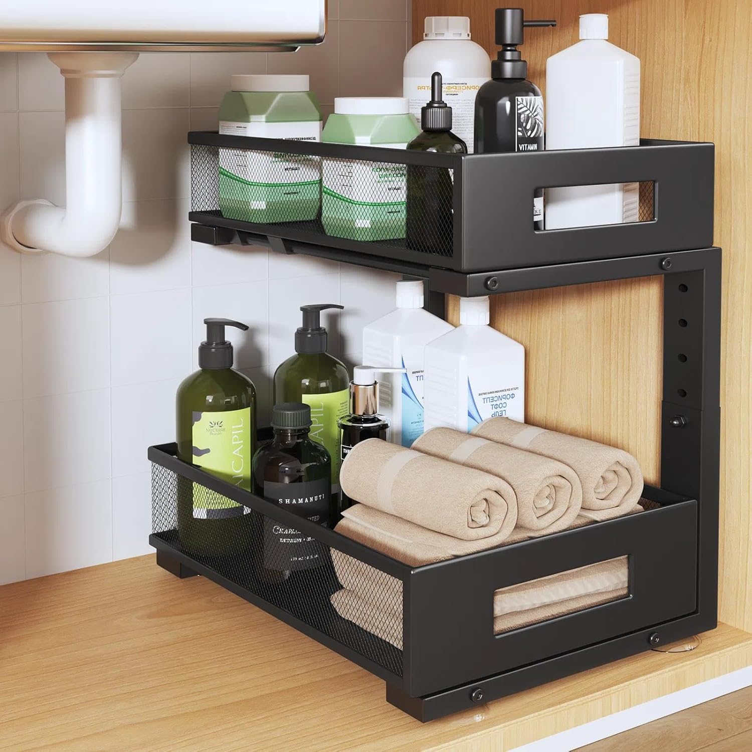 2-Tier Under Sink Organizer With Sliding Drawers, Pull-Out Cabinet Organizer With Adjustable Height, Kitchen & Bathroom Storage Shelf, Black, 1 Pack
