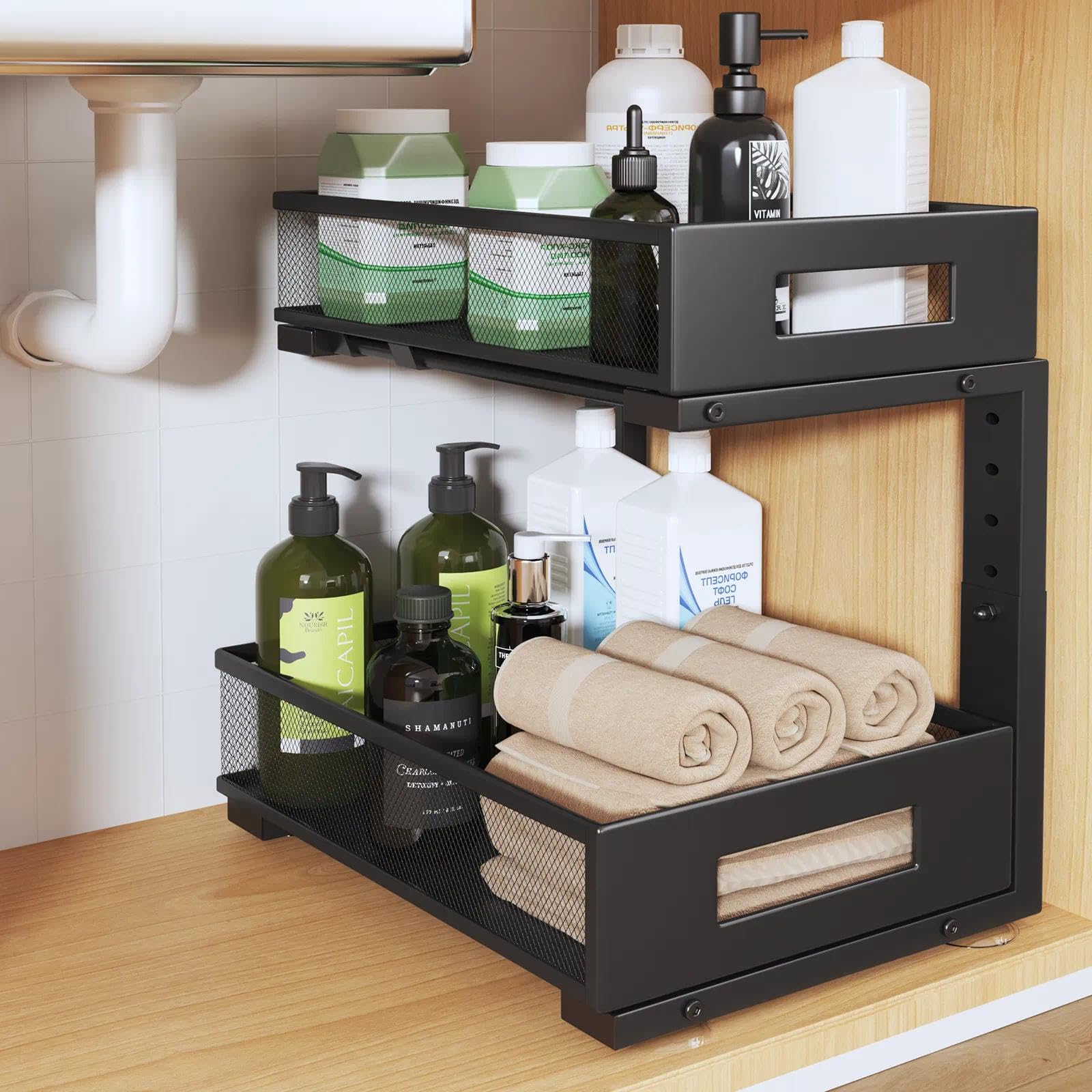 2-Tier Under Sink Organizer with Sliding Drawers, Pull-Out Cabinet Organizer with Adjustable Height, Kitchen &amp; Bathroom Storage Shelf, Black, 1 Pack