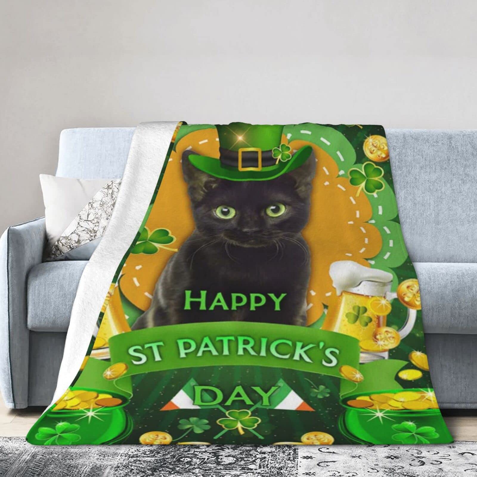 Lsjuee Flannel Fleece Blanket 50"X40" Black Cat St Patrick‘s Day Bed Throw Blanket Lightweight Ultra-Soft Travel Spring Blankets for Mens Keep Warm