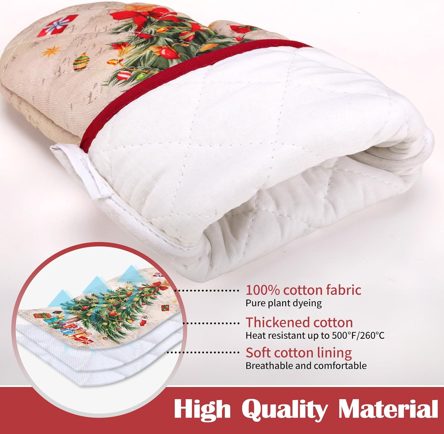 Christmas Tree Oven Mitts and Pot Holders Sets 4Pcs, 100% Cotton Heat Resistant, Extra Long Oven Gloves Potholder for Kitchen Cooking Baking Decoration - Image 4