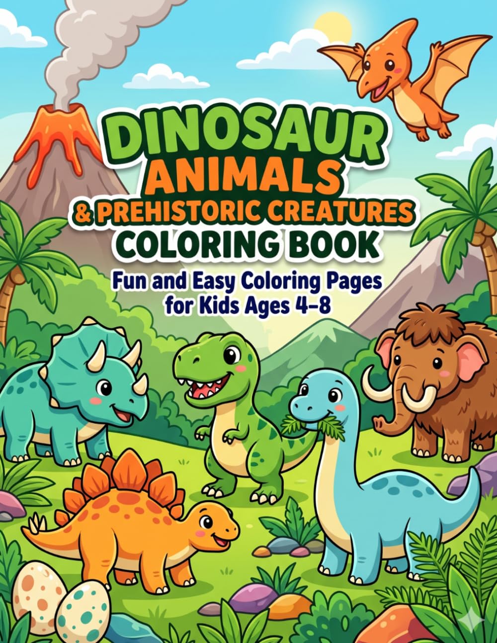 Dinosaurs & Prehistoric Creatures Coloring Book for Kids Ages 4–8: Fun and Easy Coloring Pages with Cute Dinosaurs, Prehistoric Animals, Volcanoes, Eggs, and Jurassic Adventure Scenes