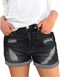 Silunma2021 Women's Rolled Hem Stretchy Shorts Mid Waisted Soft Juniors Shorts Button -Up Washed Summer Jeans Shorts