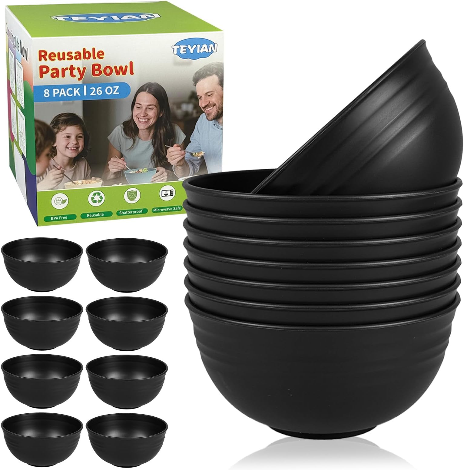 8Pcs Plastic Bowl Sets 26 OZ Unbreakable Reusable Serving Bowls Salad Bowls Soup Bowl Microwave and Dishwasher Safe, Black