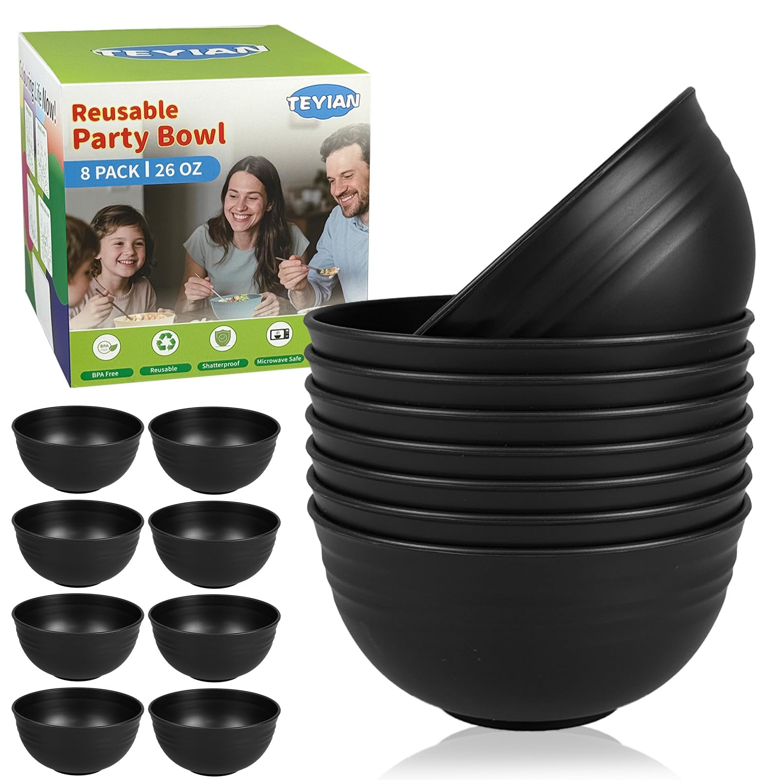 8Pcs Plastic Bowl Sets 26 OZ Unbreakable Reusable Serving Bowls Salad Bowls Soup Bowl Microwave and Dishwasher Safe, Black